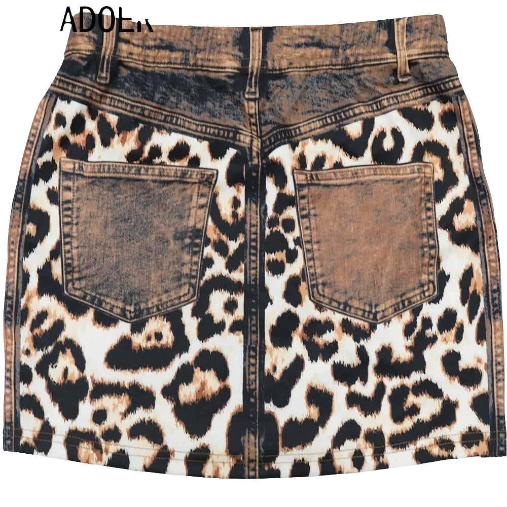 Leopard Print Turn-Down Collar Long Sleeve Pocket Patchwork Blouse + Denim Mini Jean Skirt Women's 2-Piece Set