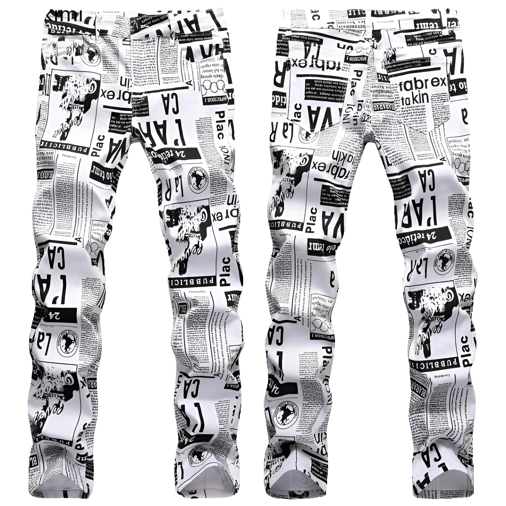 Men's Denim Black & White Newspaper Print Ruched Skinny Jeans