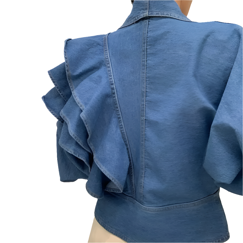 Denim Layered Ruffled Cropped Irregular Women's Turn-Down Collar Puff Sleeve Jean Blazer
