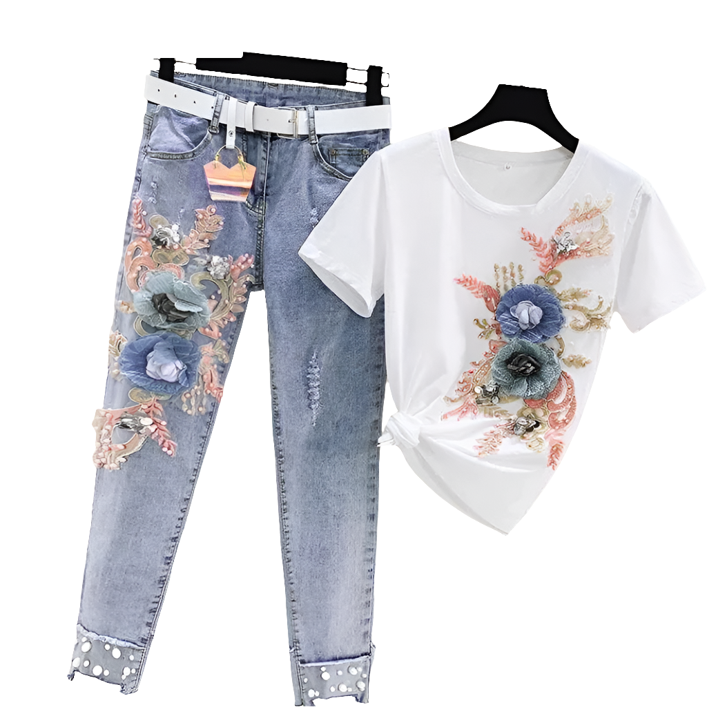 Floral Embroidered Women's Short Sleeve T-Shirt + Matching Denim Jeans 2-Piece Set to 3X Plus Size