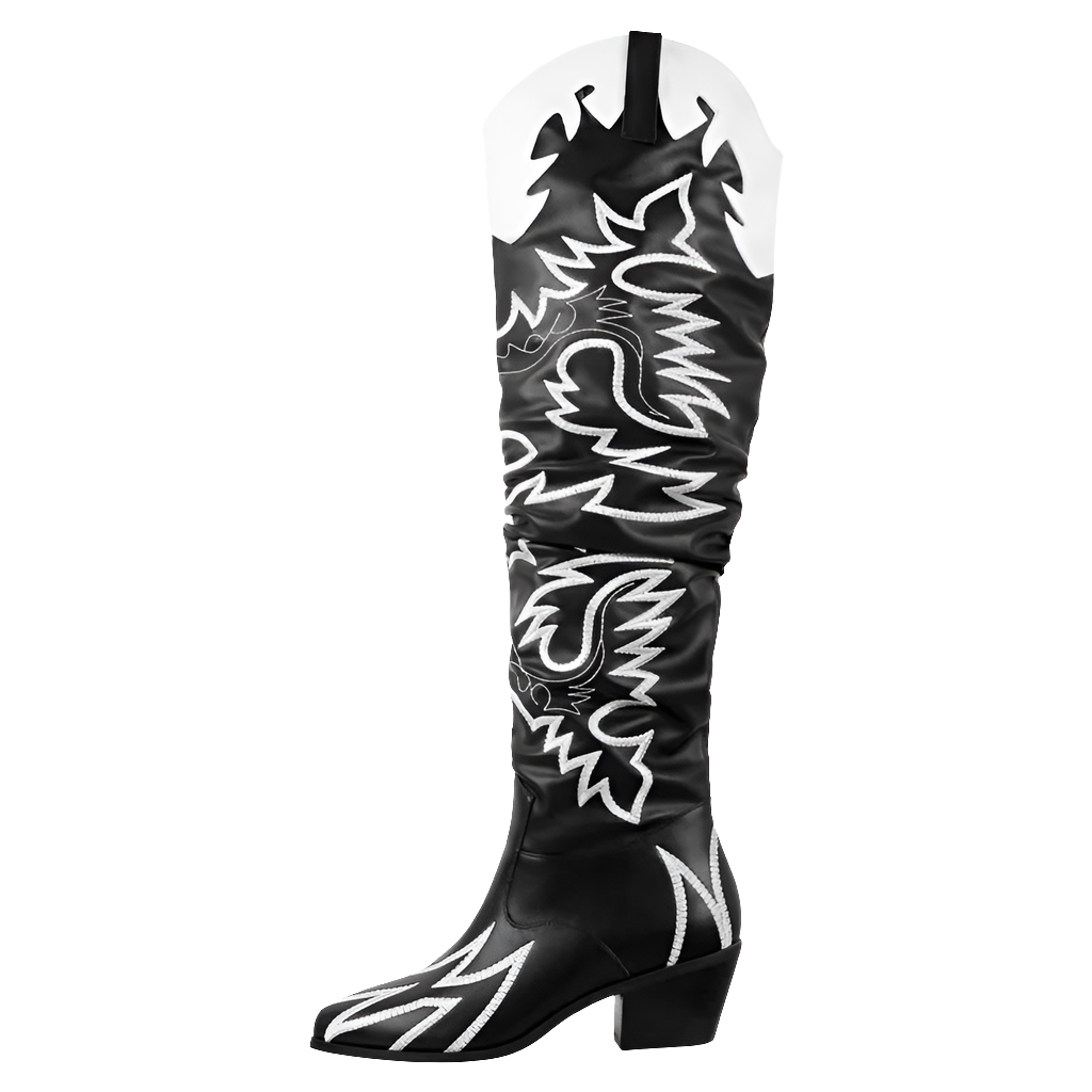 Western Wide Calf Knee-High Embroidered Women's Pointed Toe Block Heel Slip-On Cowgirl Boots