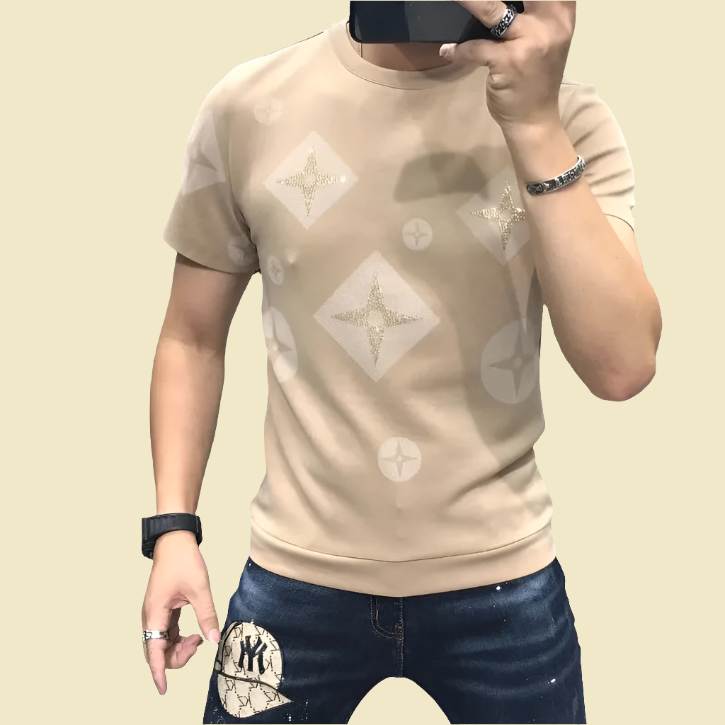 Men's Knitted Designer Monogram Star Print O-Neck Short Sleeve T-Shirt