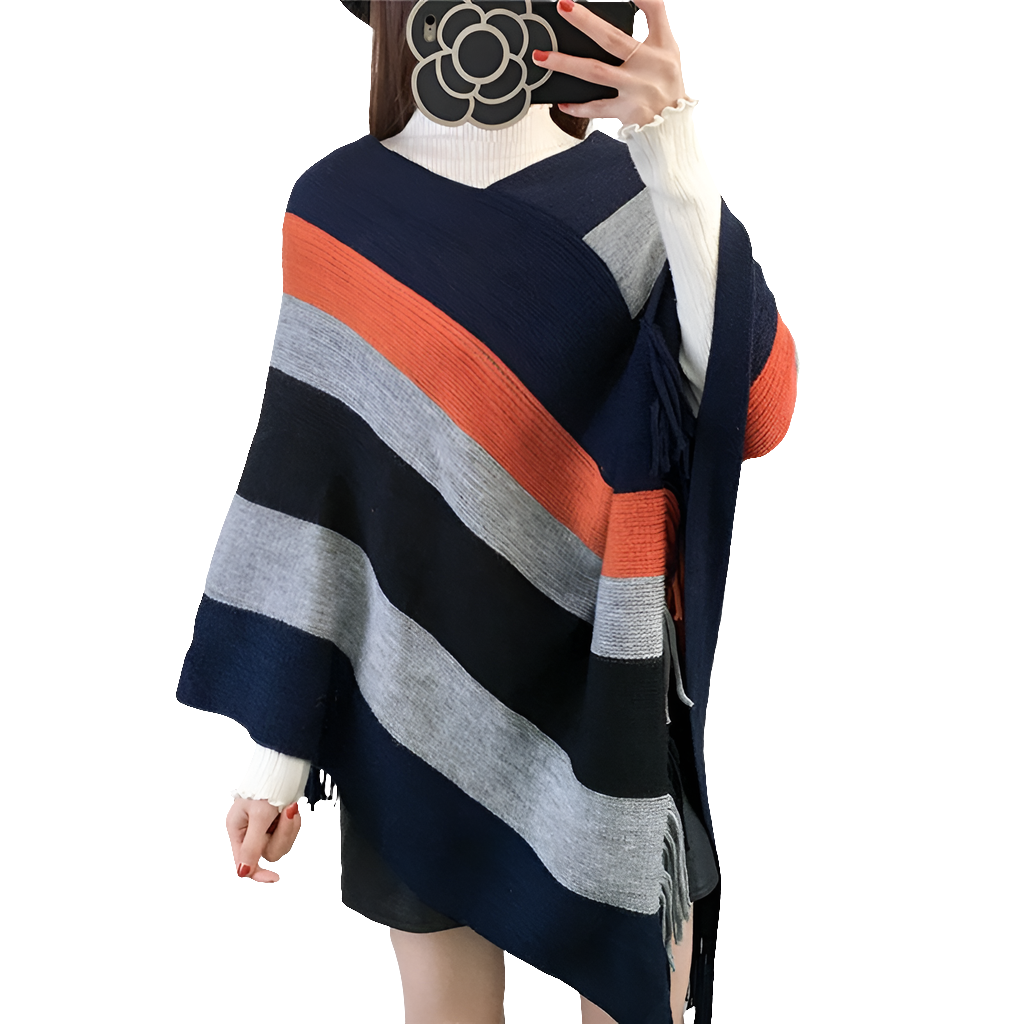 Striped Plaid Blanket Knit Wrap Cashmere Poncho Shawl