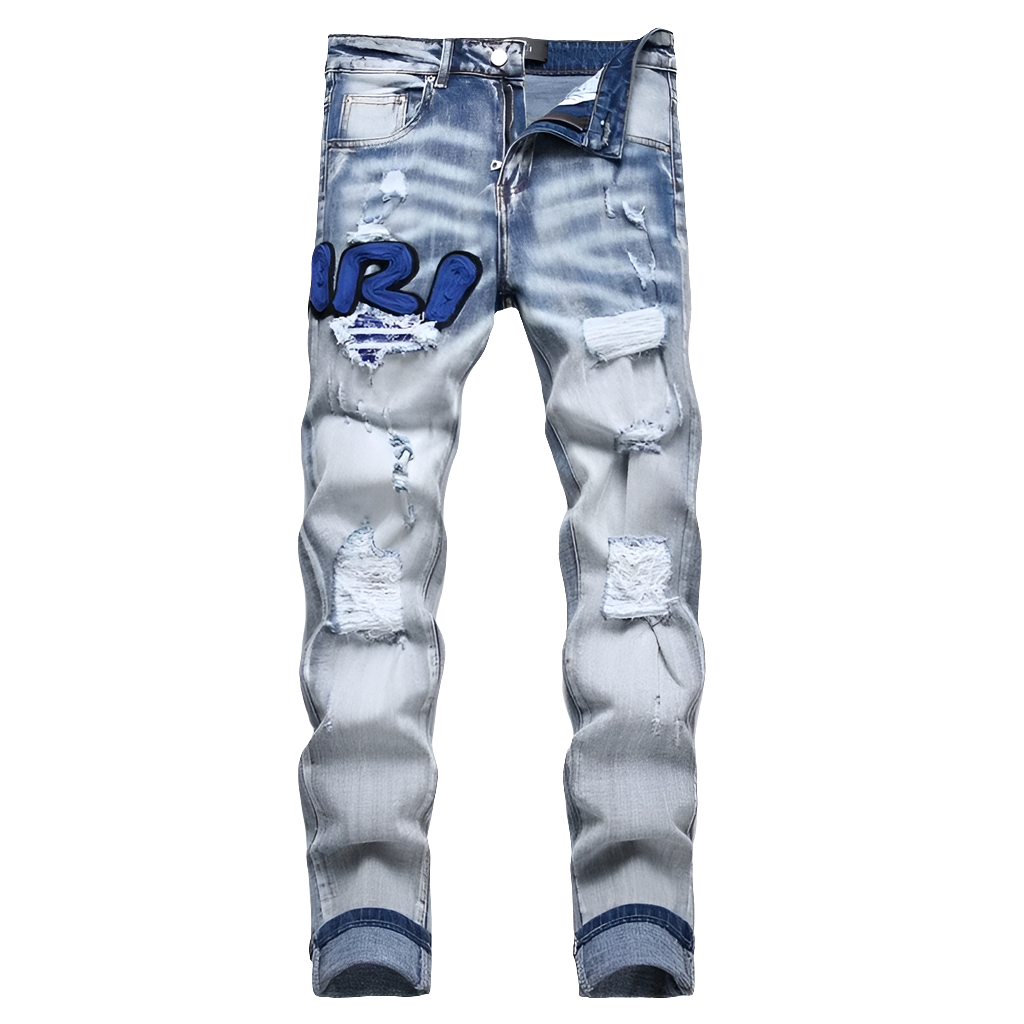 Men's Denim 3D Graffiti Paint Splash Design Washed Distressed  Embroidered  Stacked Ruched Skinny Jeans