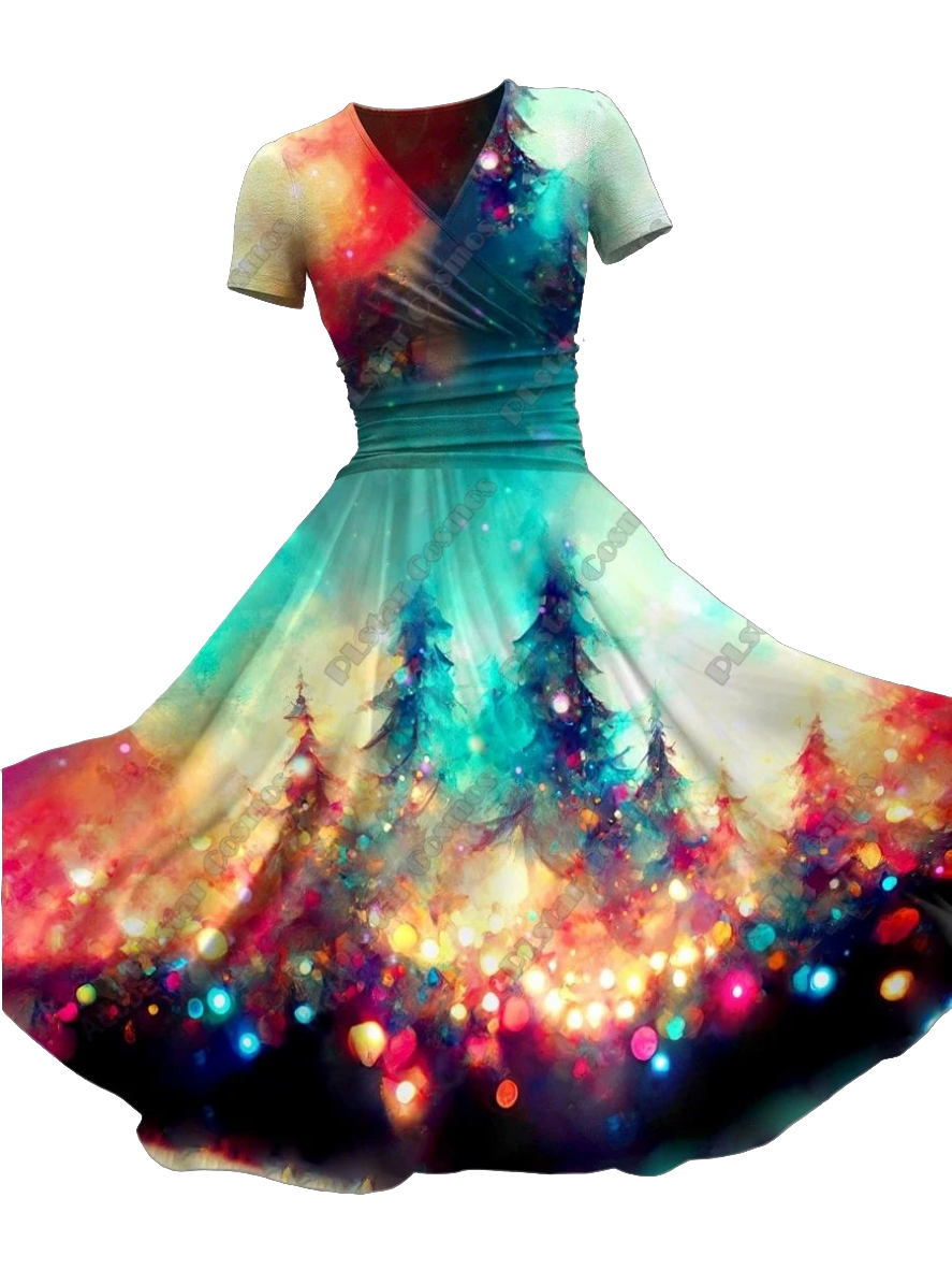 Rainbow Gradient Colorblock/Floral 3D Printed V-Neck Short Sleeve Flared Midi Dress