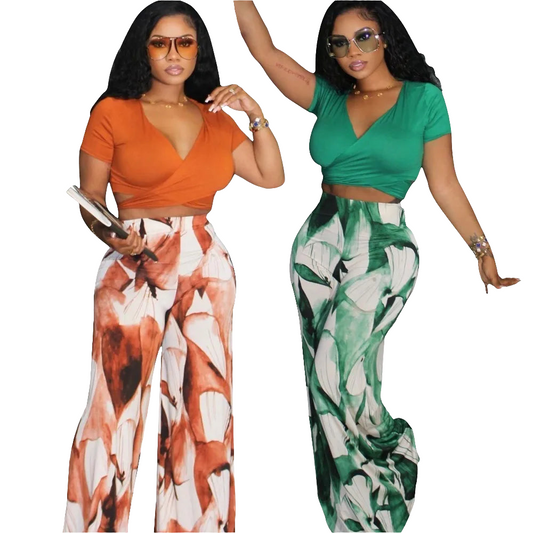 Solid Color Women's V-Neck Short Sleeve Bandage Crop Top + Floral Pants 2-Piece Set