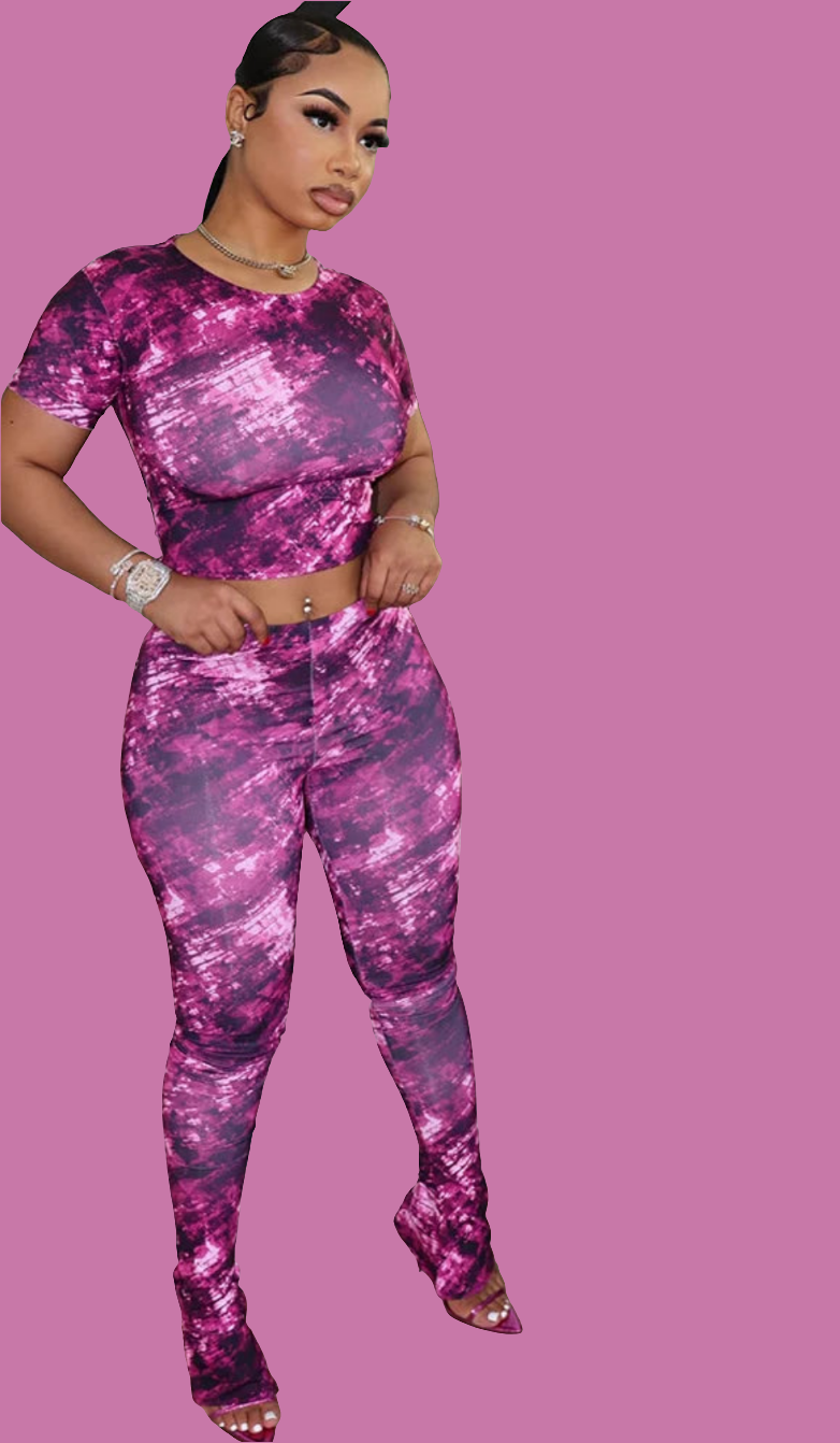 Purple Tie-Dye Print Short Sleeve O-Neck Bandage Crop Top + Skin Tight Leggings 2-Piece Set