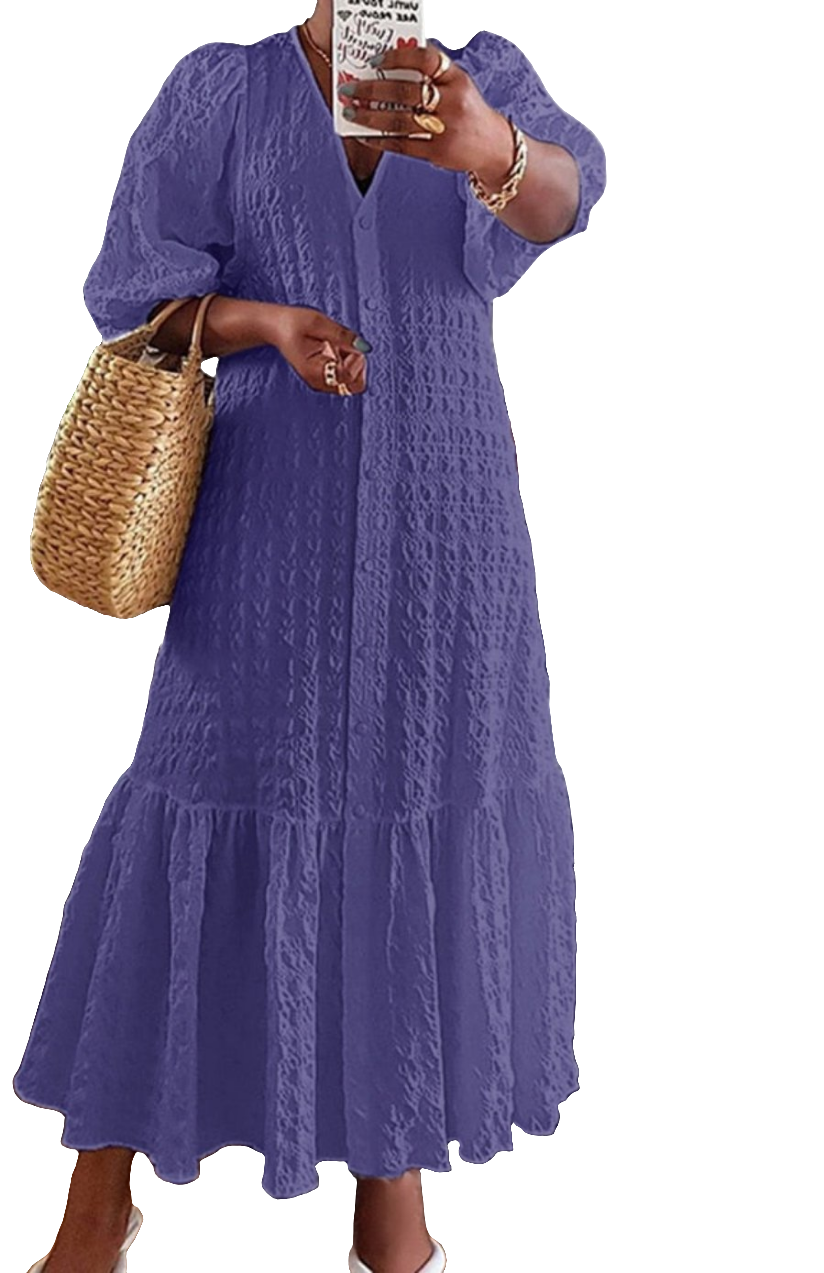 Solid Ruffled Hem Bohemian Button-Up V-Neck Puff 1/2 Sleeve Maxi Shirt Dress to 5X