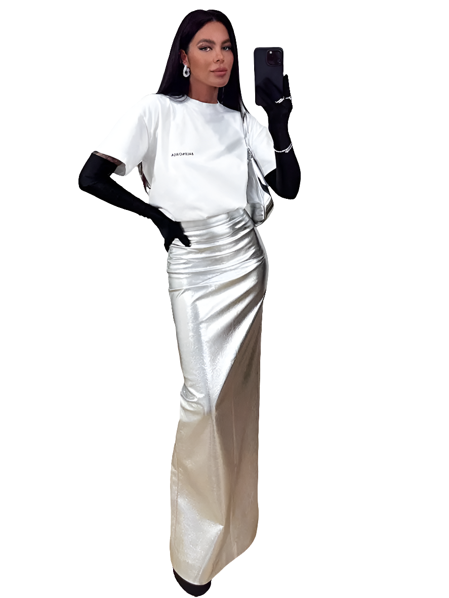 Metallic Silver PU Leather Women's Bodycon Stretch Maxi Long Skirt