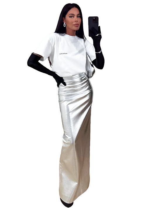 Metallic Silver PU Leather Women's Bodycon Stretch Maxi Long Skirt