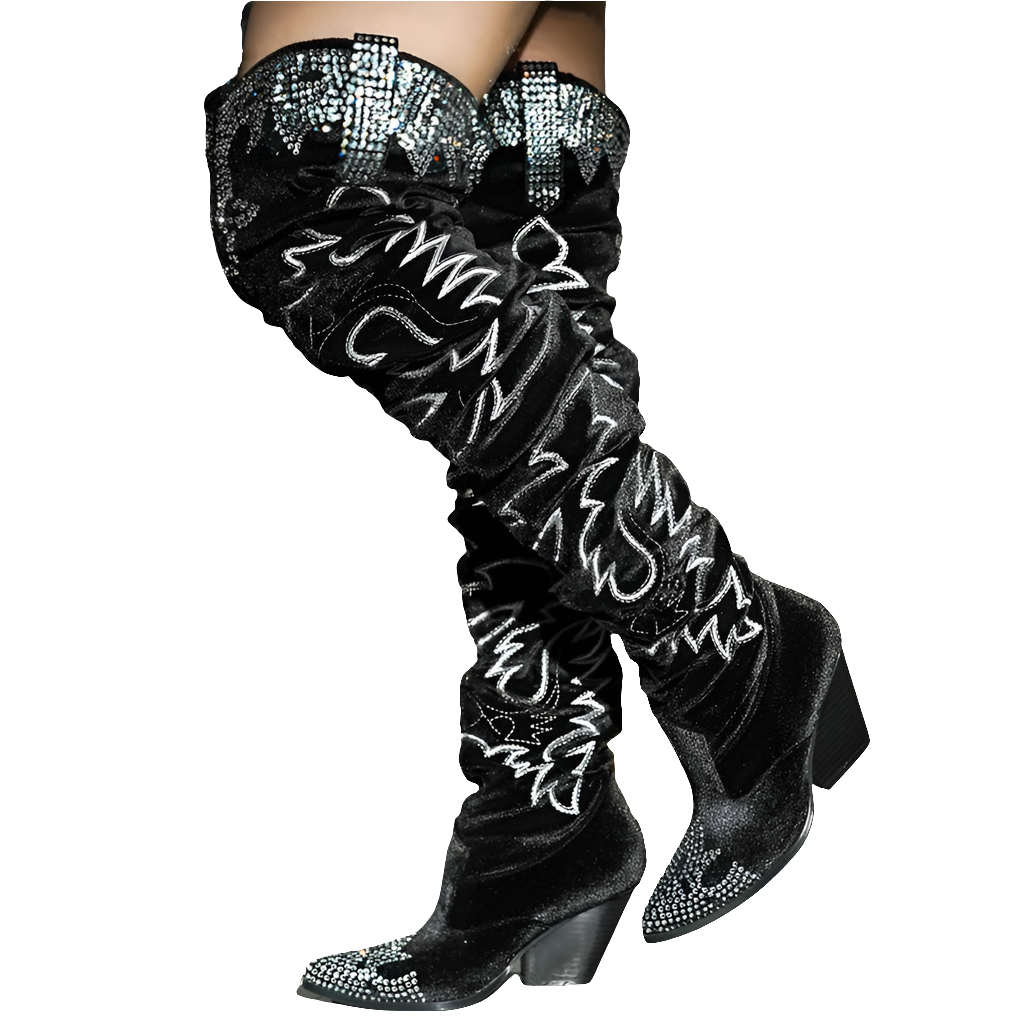 Suede Rhinestone Women's Embellished Over-the-Knee Knee Embroidered Chunky Heel Western Boots