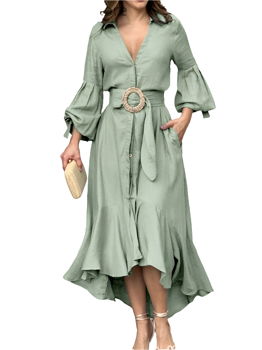 Ruffled Hem Lantern Long Sleeve Pocketed Design Belted Maxi Dress