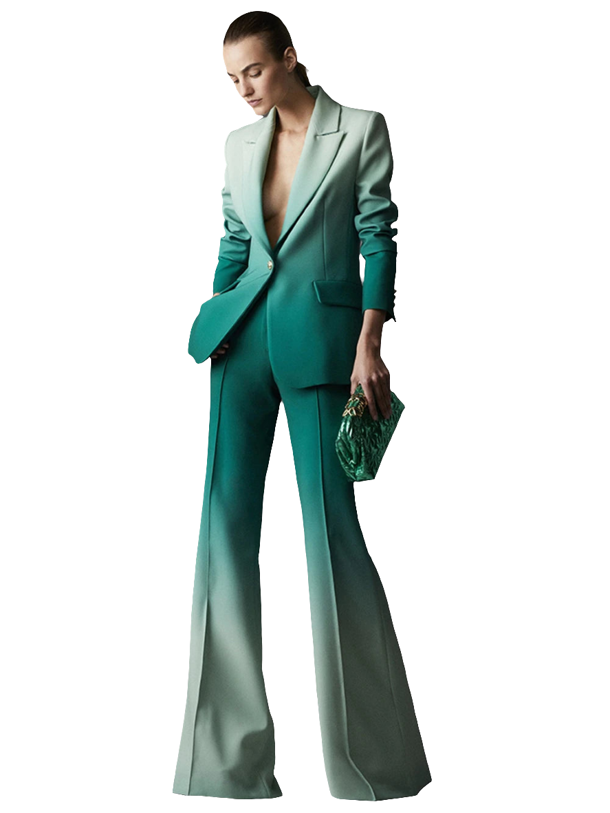 Gradient Colorblock Skinny Notched Women's Single Button Blazer Jacket + Flared Leg Pants Formal Suit