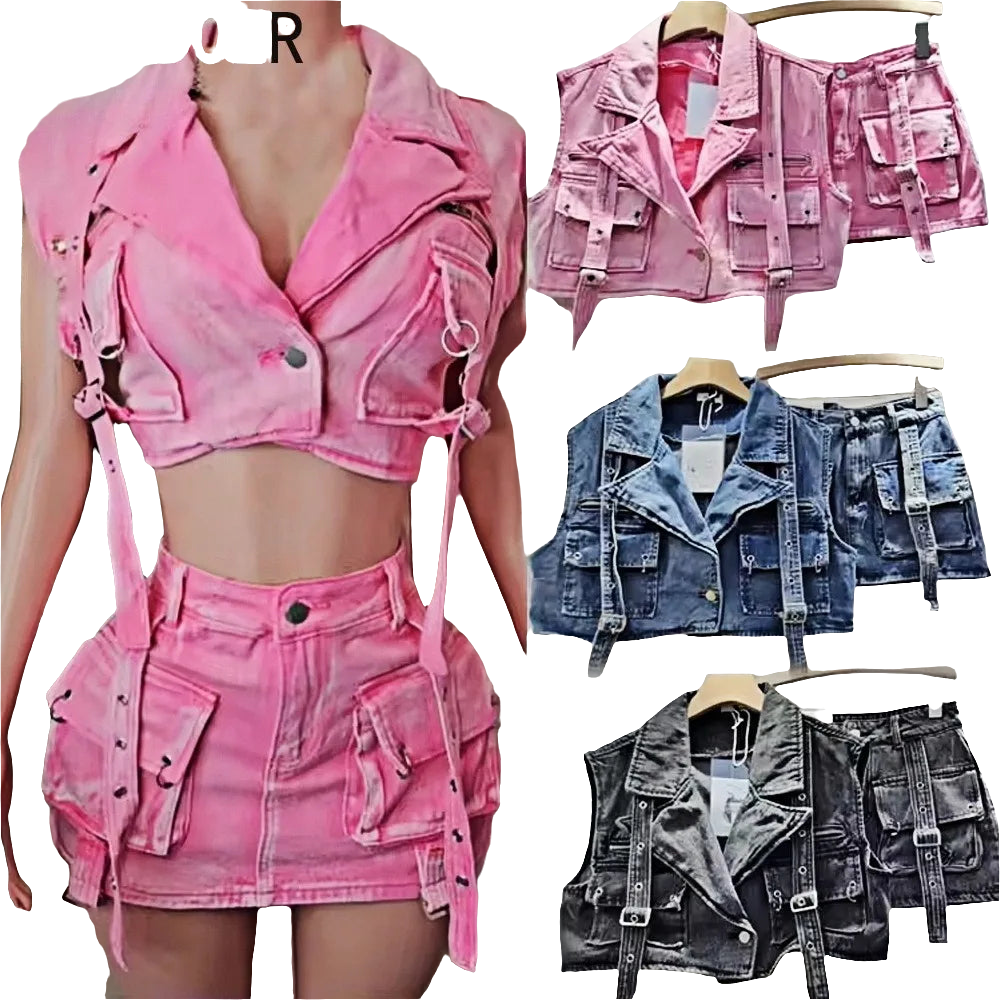 Retro Denim Cargo Big Pocketed Cropped Jacket + Mini Skirt 2-Piece Set