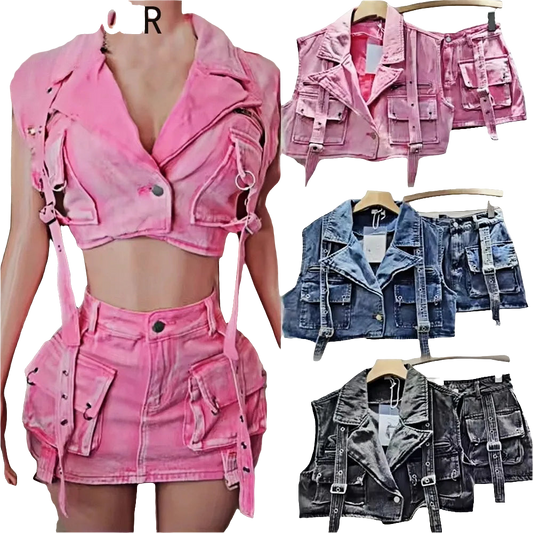Retro Denim Cargo Big Pocketed Cropped Jacket + Mini Skirt 2-Piece Set