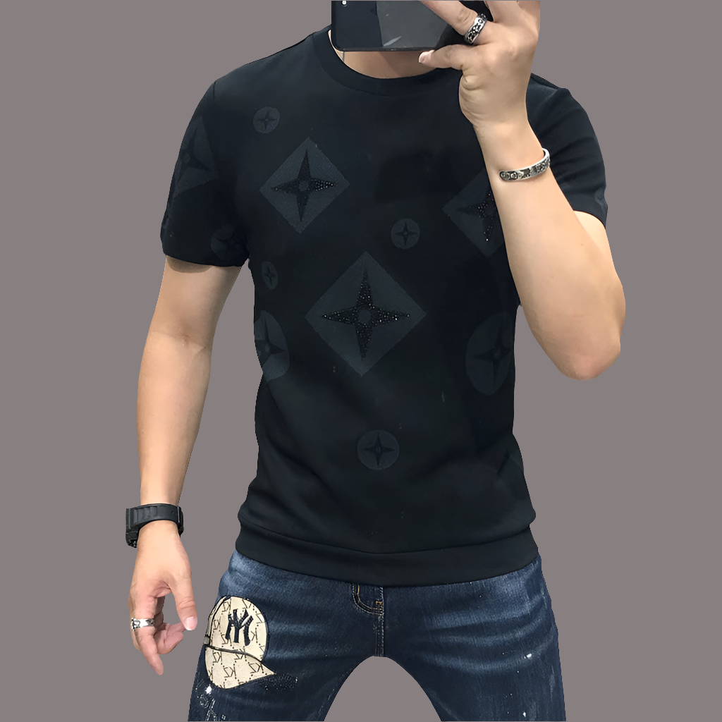 Men's Knitted Designer Monogram Star Print O-Neck Short Sleeve T-Shirt