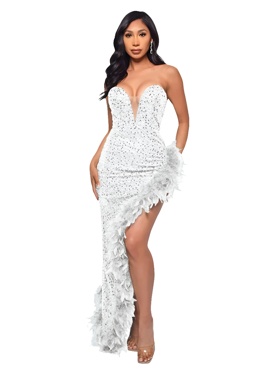 Tube Feather Hem Sparkling Crystal Sleeveless Backless High Side Slit Bodycon Formal Party/Prom Maxi Evening Dress