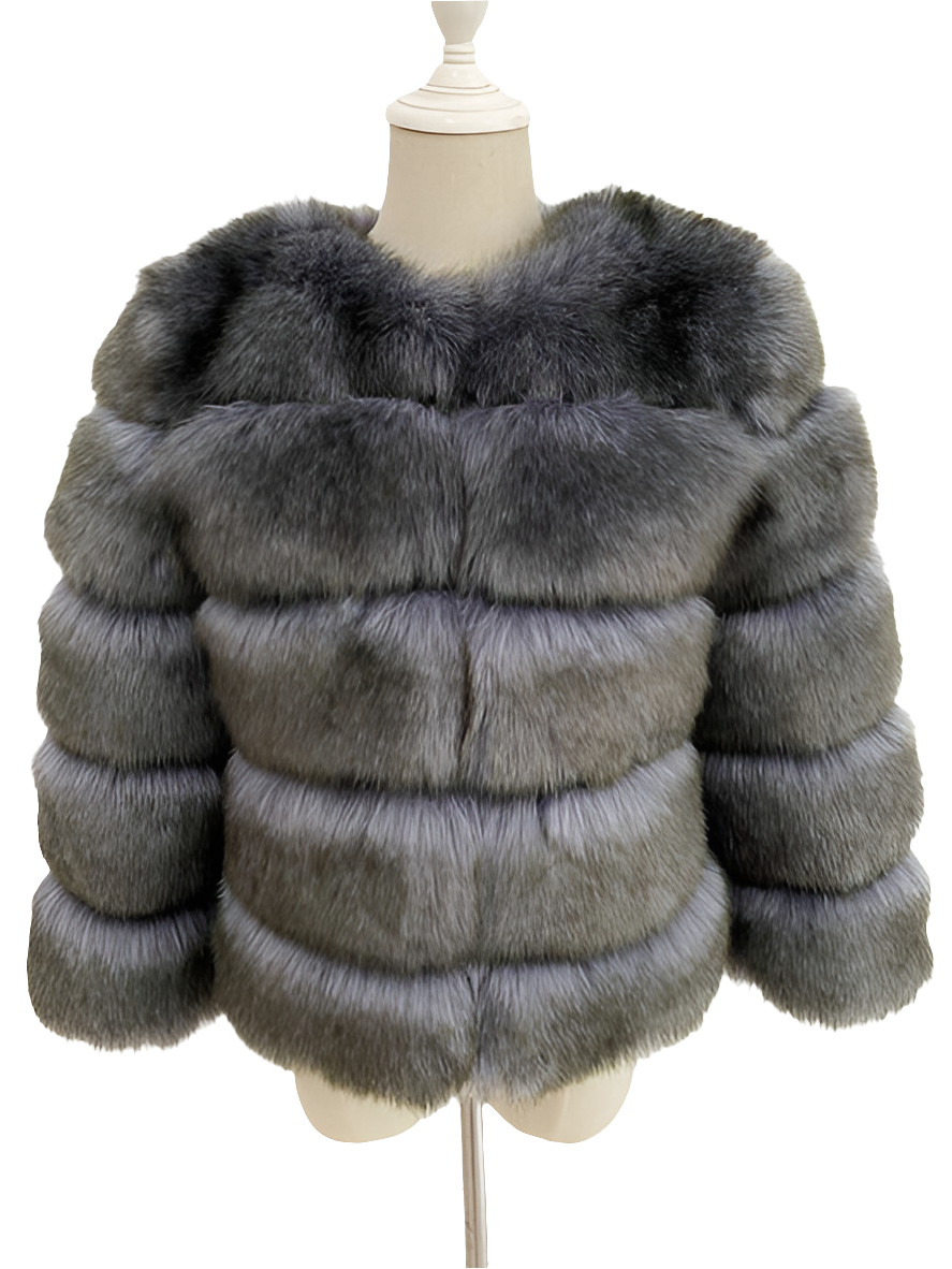 Vintage Solid Faux Mink Fur Ribbed O-Neck Patchwork Women's Jacket to 3X Plus Size