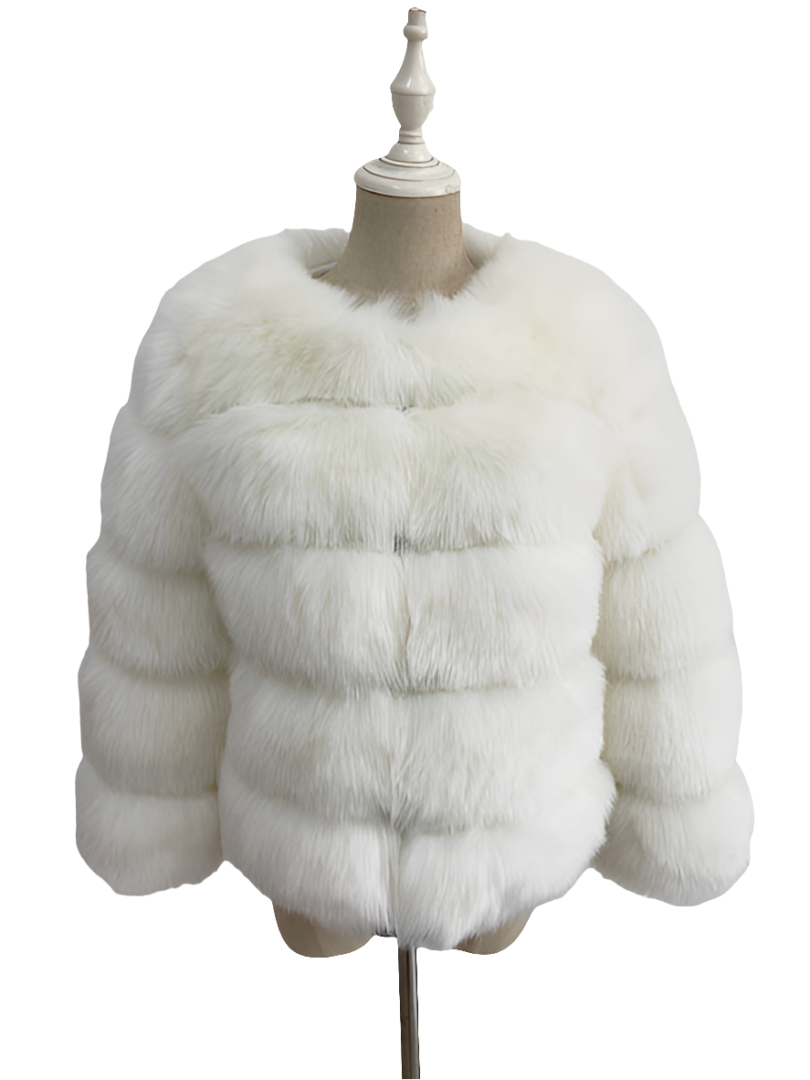 Vintage Solid Faux Mink Fur Ribbed O-Neck Patchwork Women's Jacket to 3X Plus Size