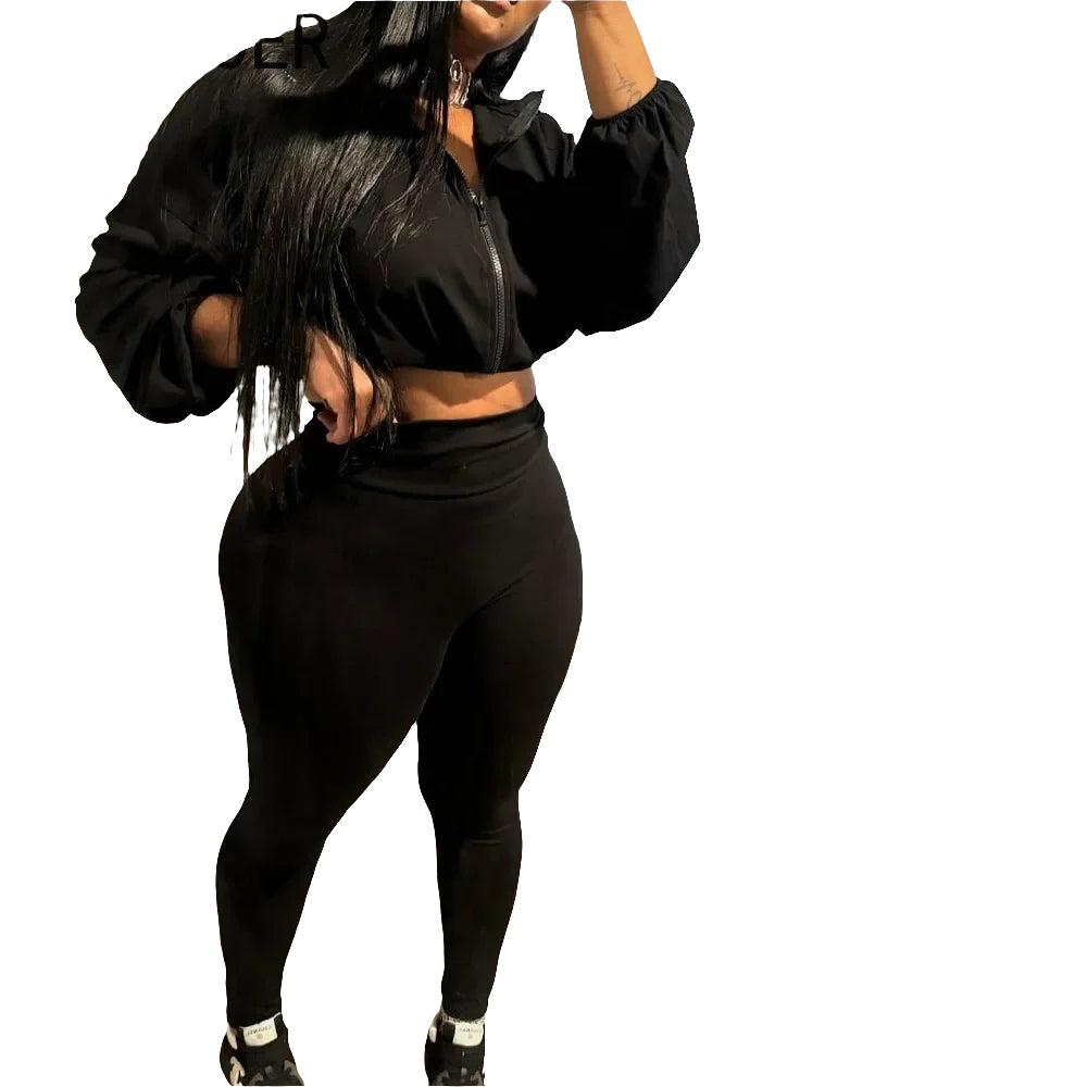Pullover Women's Long Sleeve Drawstring Zipper Cropped Sweatshirt + Elastic Waist Leggings Tracksuit