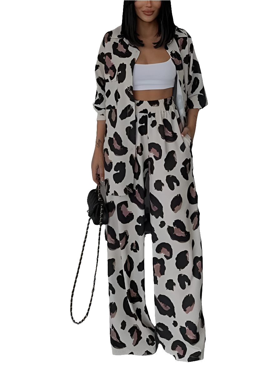 Leopard Print Long Sleeve Turn-Down Collar Blouse + Wide Leg Pocketed Pants Two-Piece Sets