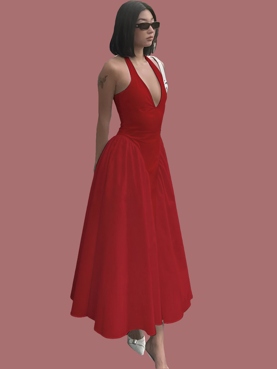 Sleeveless Halter Backless Deep V-Neck Solid Color Big Swing Maxi Dress
