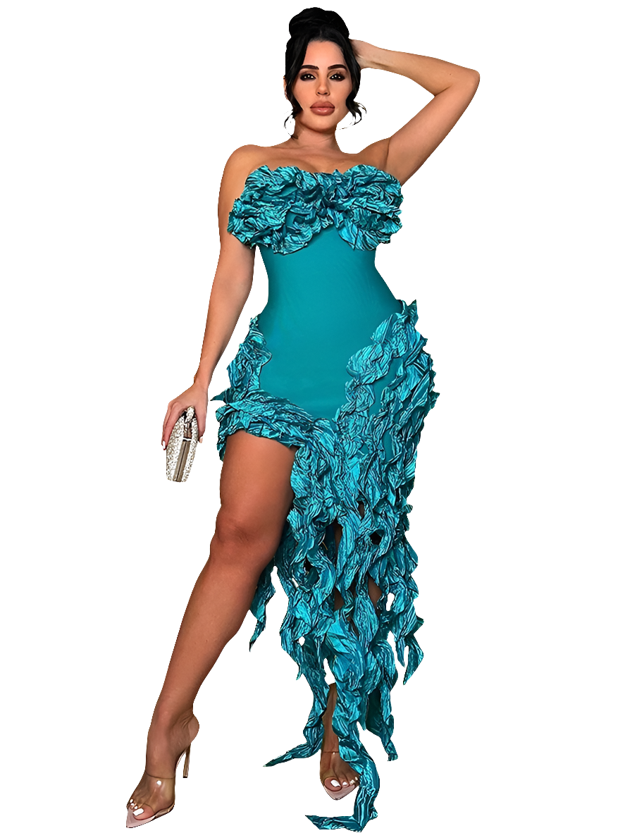 Irregular Sleeveless Floral Tassel Ruched Strapless Skinny Formal Party Dress