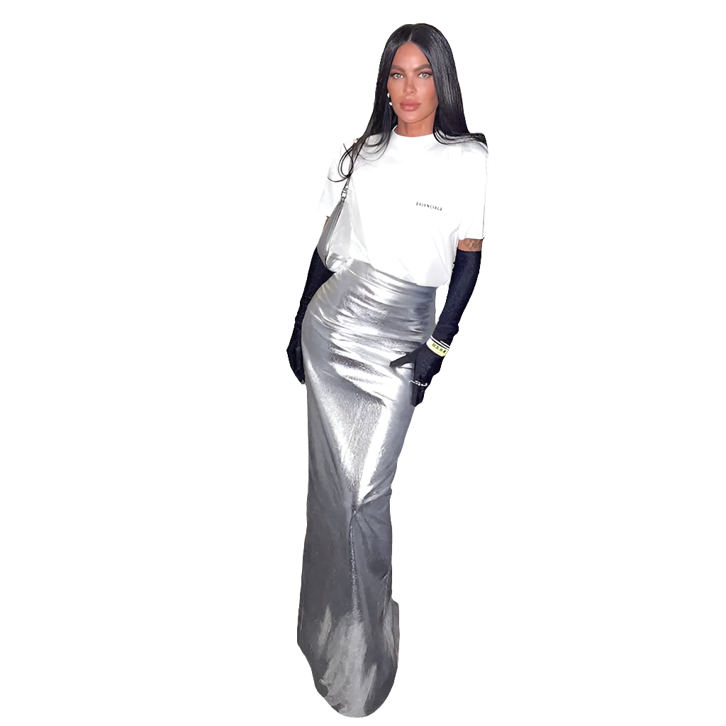 Metallic Silver PU Leather Women's Bodycon Stretch Maxi Long Skirt