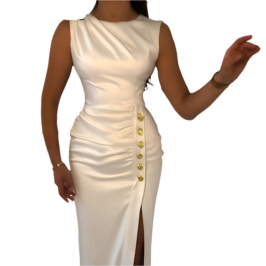 Satin Sleeveless Ruched White Solid Color Gold Button Design High Slit Halter Formal Maxi Dress