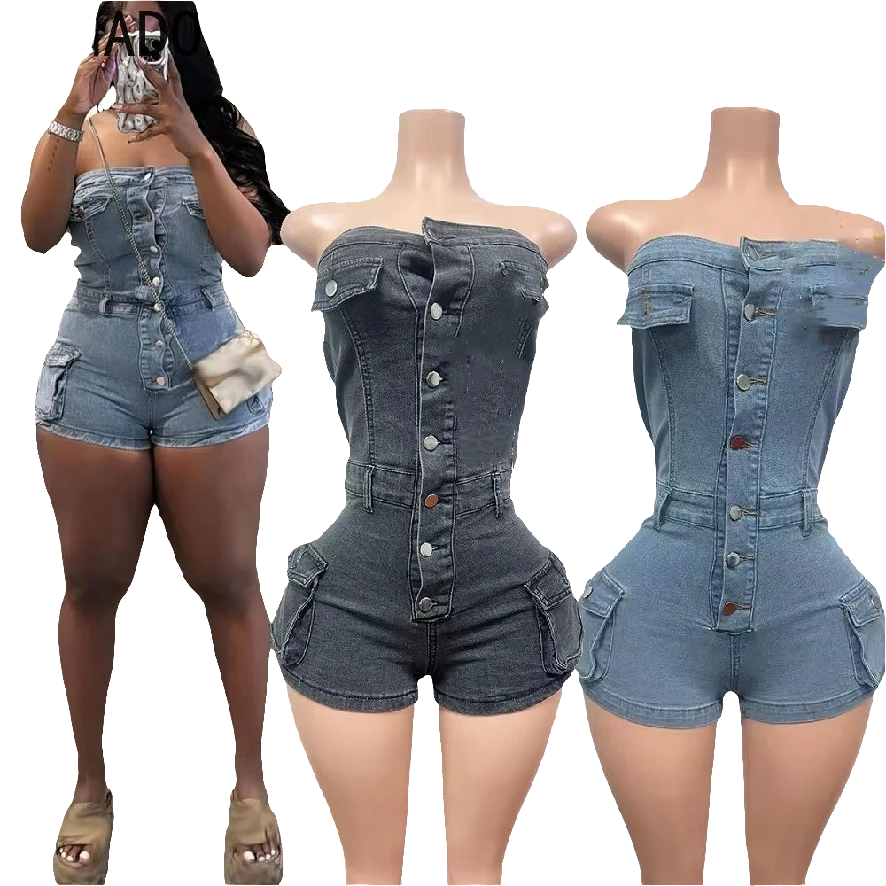 Denim Strapless Tube Top Bodycon Multi-Pocket Sleeveless Skinny Cargo Jean Shorts Romper