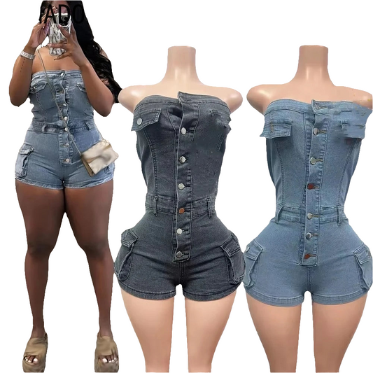 Denim Strapless Tube Top Bodycon Multi-Pocket Sleeveless Skinny Cargo Jean Shorts Romper