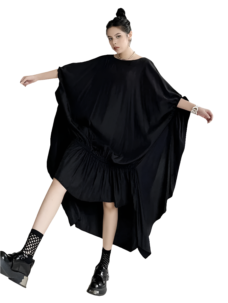 Oversized Black Pleated Irregular Long Dress O-Neck Half Sleeve Dress