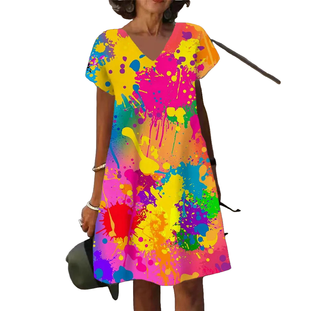 Abstract V-Neck Tie-Dye Rainbow Gradient Colorblock Splash Ink Paint Print A-Line Midi Dress to 6X