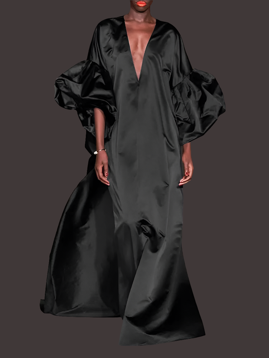 Satin Puff Lantern Sleeve Solid Color Loose Deep V-Neck Bohmeian Maxi Formal Oversized Party Dress to 5X Plus Size