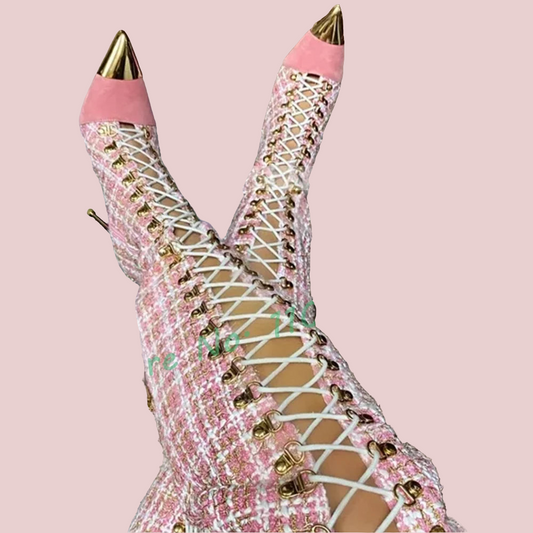 Plaid Pink Lace-Up Hollow-Out Pointed Gold Metal Toe Cross-Tied Stiletto Heel Knee-High Boots