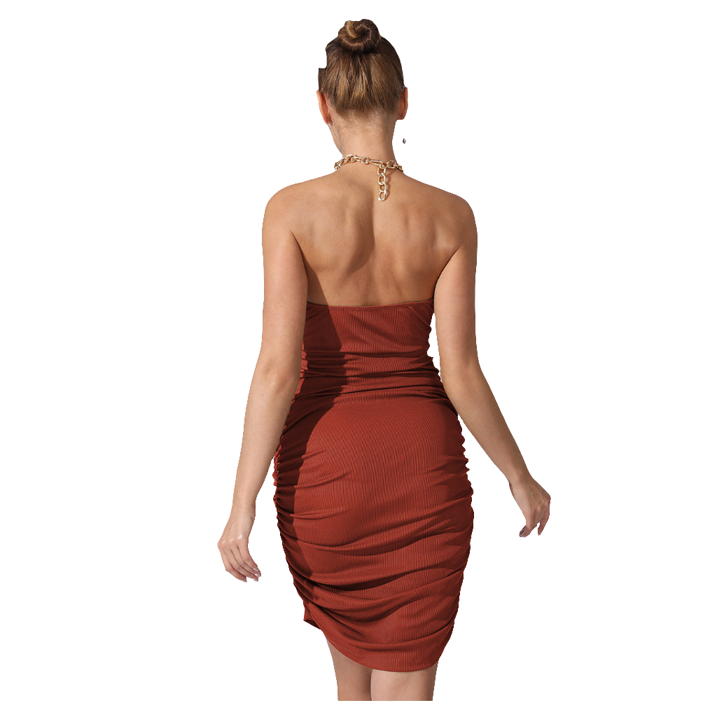 Ruched Pleated Halter Hollow-Out Sleeveless Backless Solid Color Midi Party Dress to 3X Plus Size