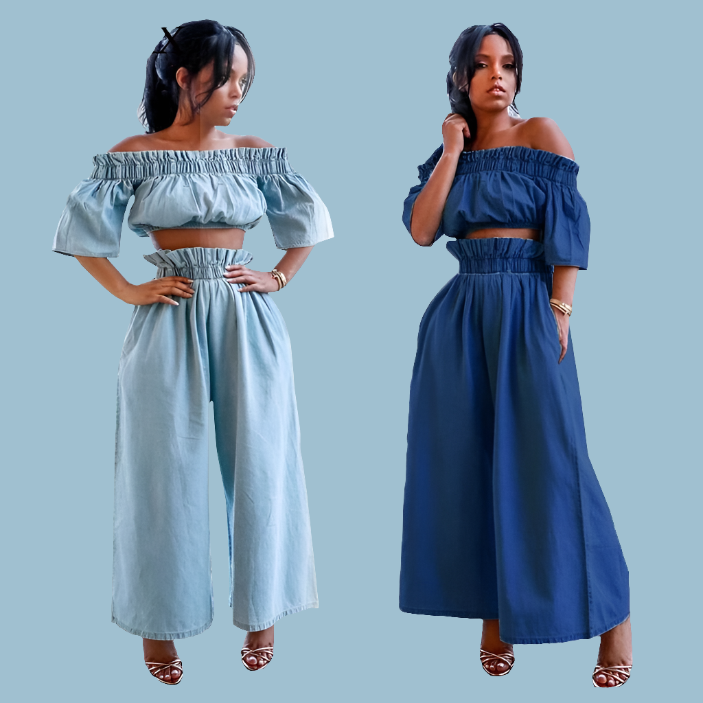 Denim Off-the-Shoulder Ruffled Women's Slash Neck Crop Top & Wide Leg Baggy Pants 2-Piece Set to 3X Plus Size