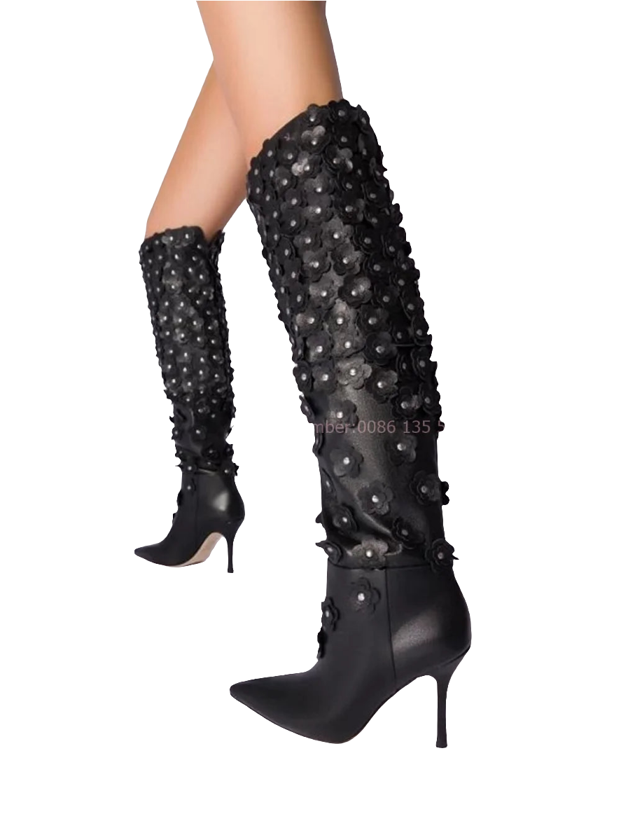 Black Leather Rhinestone Floral Embellished Pointed Toe Knee-High Stiletto Heel Slip-On Women's Boots