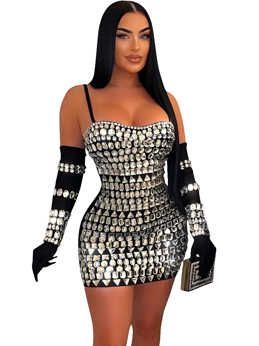 Silver Metalic Diamond Rhinestone Bodycon Spaghetti Strap Mini Formal Party Dress