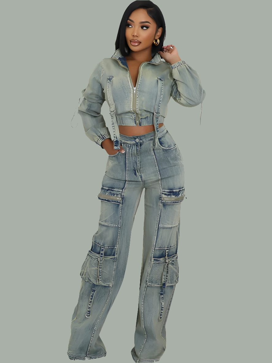 Stretch Denim Cropped Long Sleeve Strap Design Skinny Jean Jacket + Streetwear Cargo Pocket Jeans 2-Piece Set