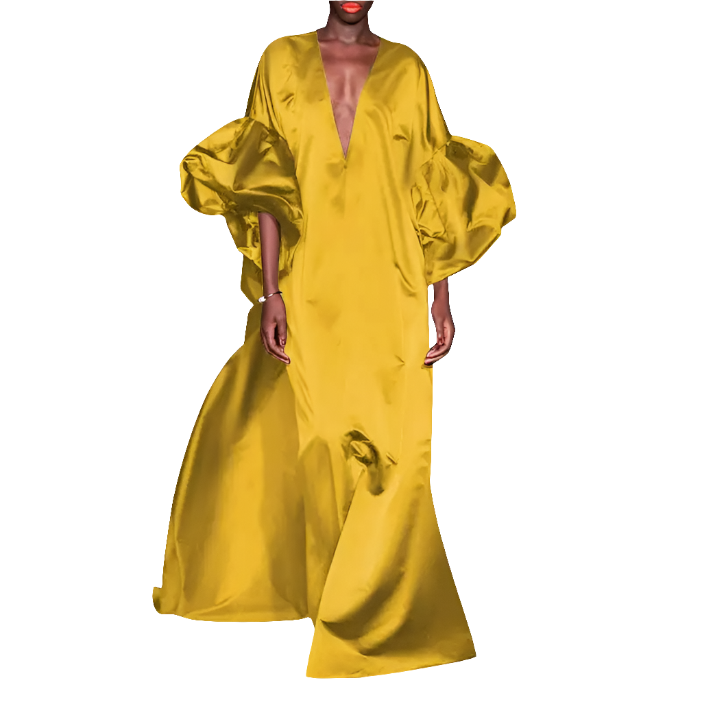Satin Puff Lantern Sleeve Solid Color Loose Deep V-Neck Bohmeian Maxi Formal Oversized Party Dress to 5X Plus Size