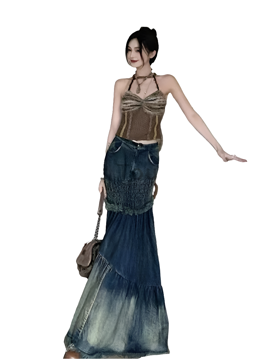 Denim Washed Colorblock Vintage Tassel Fringe Hem Oversized Tiered Ruffled Patchwork Maxi Mermaid Jean Skirt