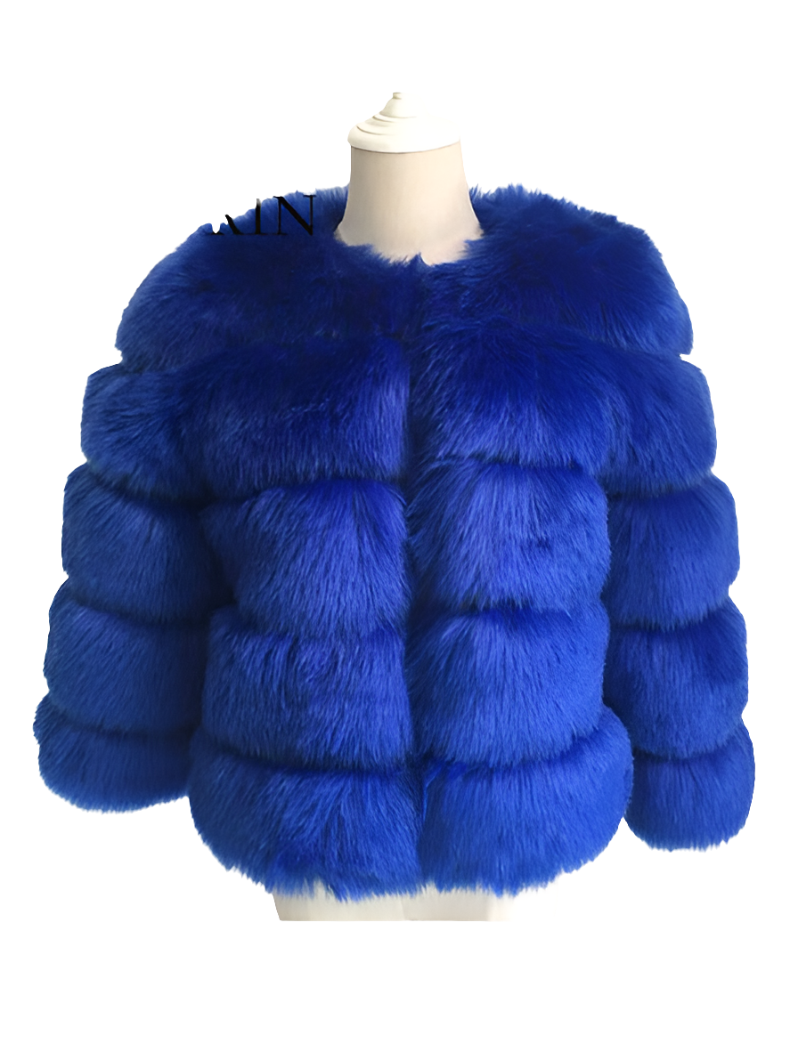 Vintage Solid Faux Mink Fur Ribbed O-Neck Patchwork Women's Jacket to 3X Plus Size