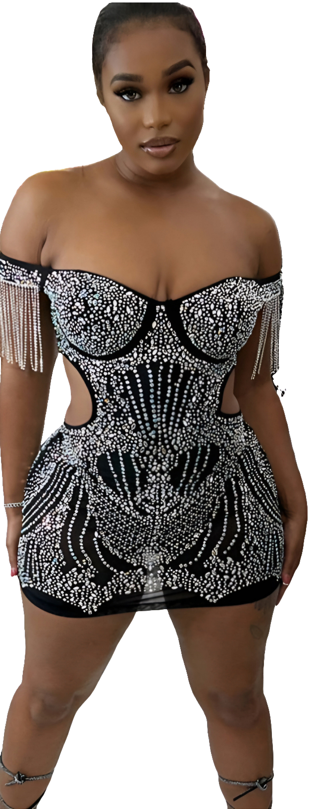 Tassel Detail Rhinestone Crystal Cut-Out Iridescent Accent Fringe Off-the-Shoulder Formal Mini Party/Prom Dress