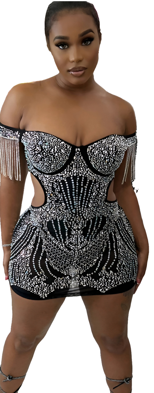 Tassel Detail Rhinestone Crystal Cut-Out Iridescent Accent Fringe Off-the-Shoulder Formal Mini Party/Prom Dress