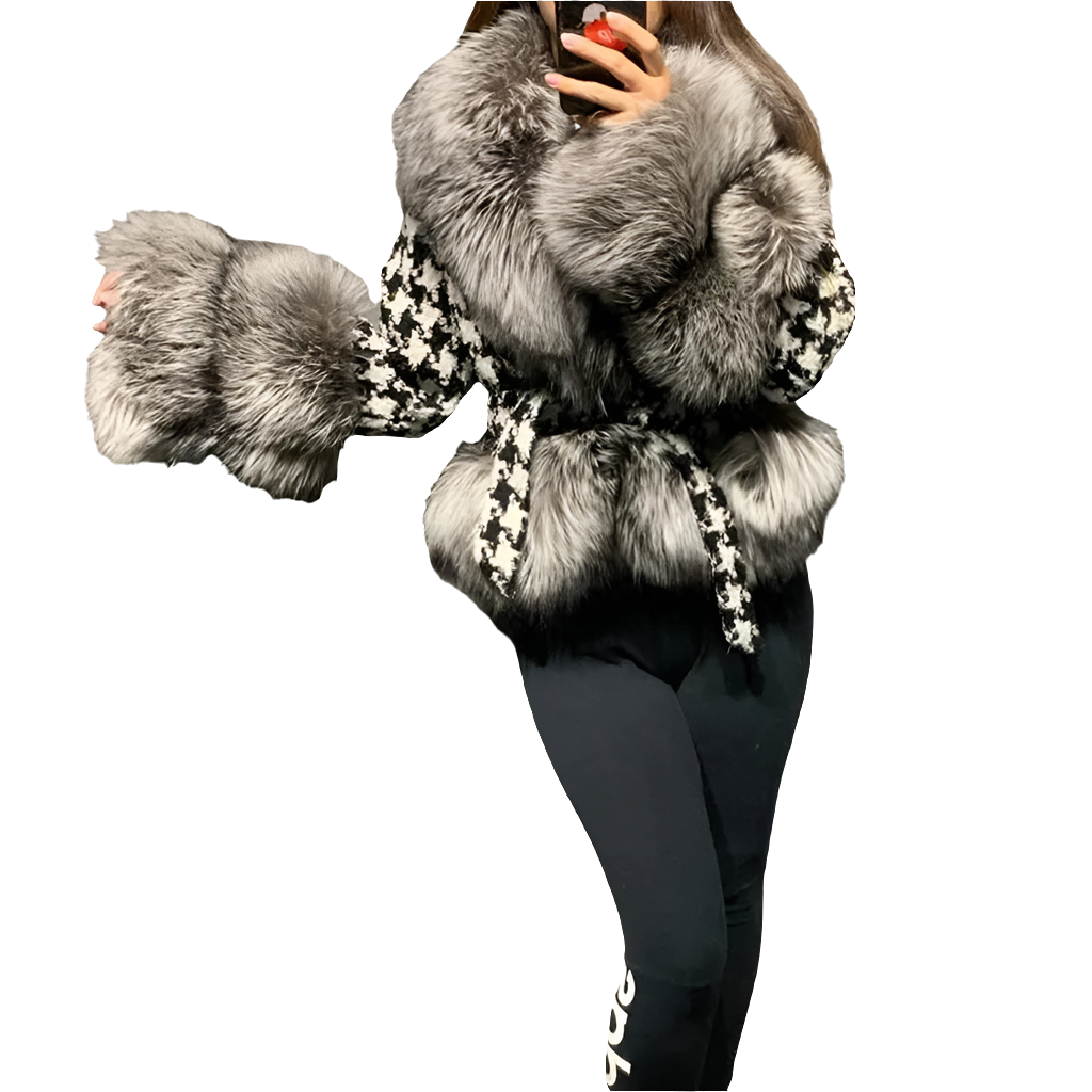 Faux Fur Collar Women's Houndstooth Jacket w/ Sash Belt