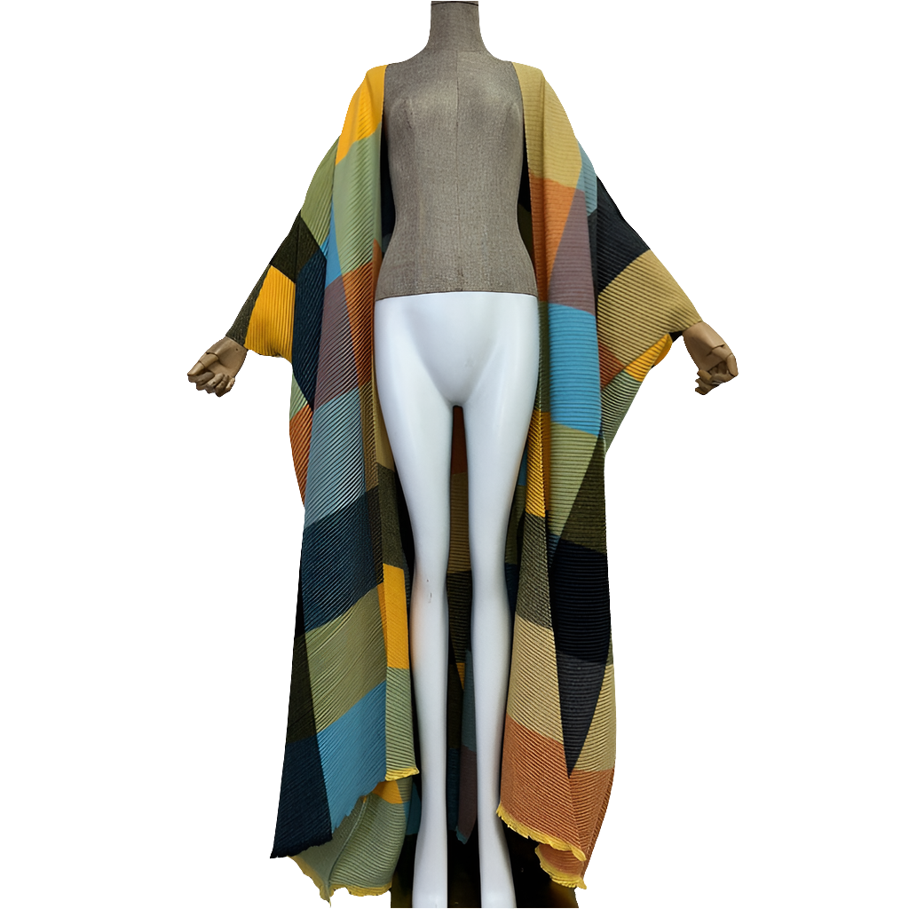 Oversized Plaid/ Colorblock Print Cotton Pleated Kimono Cardigan Kaftan Sweater Dress