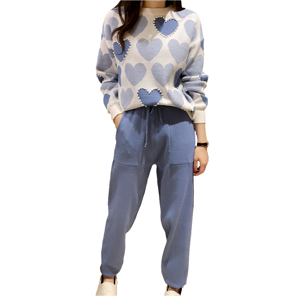 Heart Print Ladies O-Neck Sweater & Solid Knitted Harem Pants 2-Piece Set