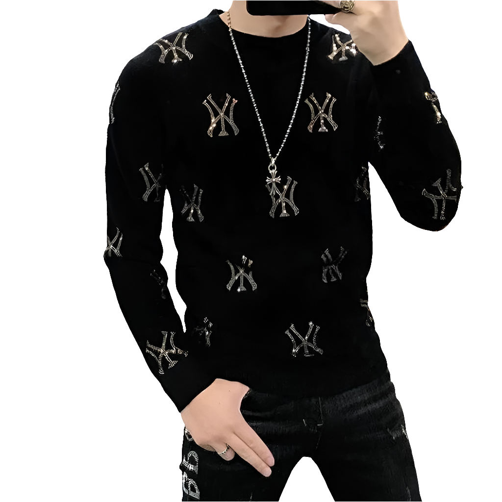 Men's Hip-Hop NY Symbol Hot Drill Rhinestone Design Long Sleeve O-Neck Pullover Knitted Wool Sweater