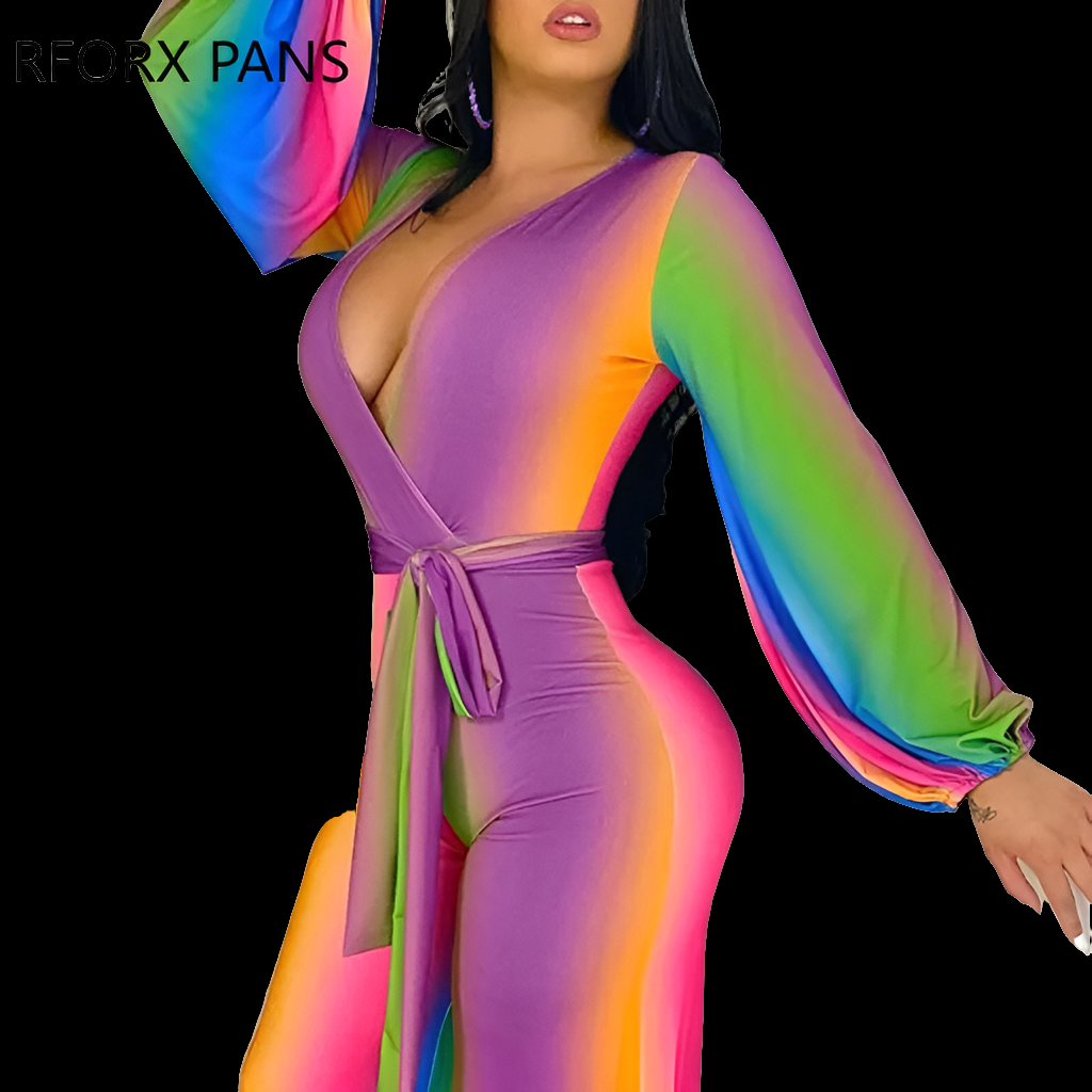 Rainbow Ombre Colorblock Long Sleeve Sash Belt Jumpsuit